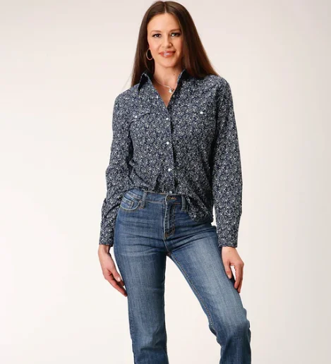 01-050-0019-3055 Roper Wms Classic Blue Print LS Shirt Fashionable Sheer Short Shirt 01-050-0019-3055 Roper Wms Classic Blue Print LS Shirt Fashionable Sheer Short Shirt