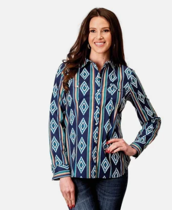 03-050-0485-0310 Roper Women's Special Collection LS Shirt Blue Print Stylish Striped Short Sleeve 03-050-0485-0310 Roper Women's Special Collection LS Shirt Blue Print Stylish Striped Short Sleeve