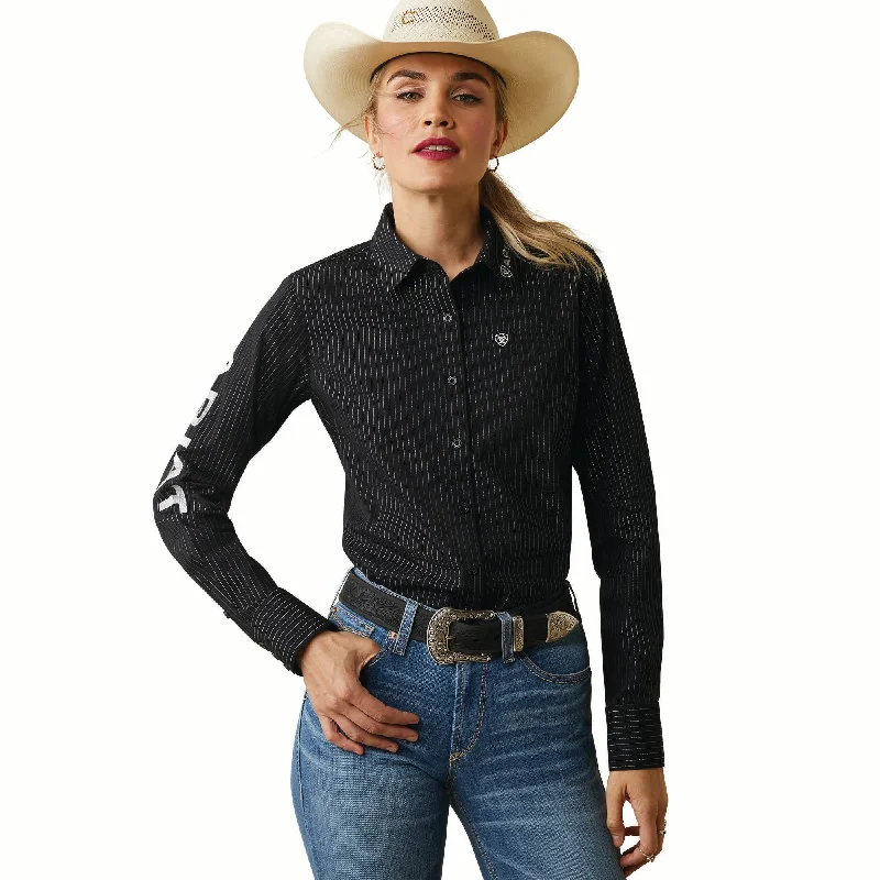 10042170 Ariat Women's REAL Team Kirby Stretch LS Shirt Black with Silver Lurex Cozy Linen Short Shirt