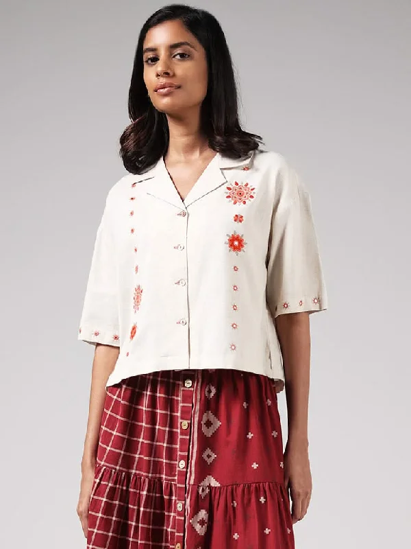 Bombay Paisley Cream Mirror Embroidered Blended Linen Shirt Elegant Longline Short Shirt Bombay Paisley Cream Mirror Embroidered Blended Linen Shirt Elegant Longline Short Shirt