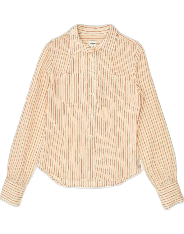 CALVIN KLEIN JEANS Womens Shirt Medium Beige Striped Cotton Stylish Round Neck Shirt