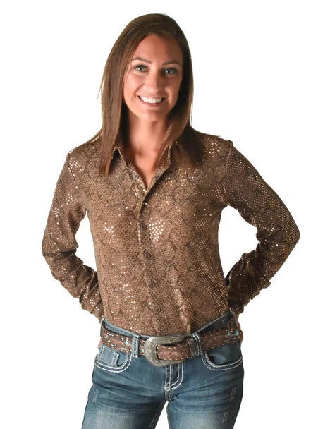 Cowgirl Tuff Tan Metallic Snakeskin Rodeo Shirt Soft Cotton Short Shirt