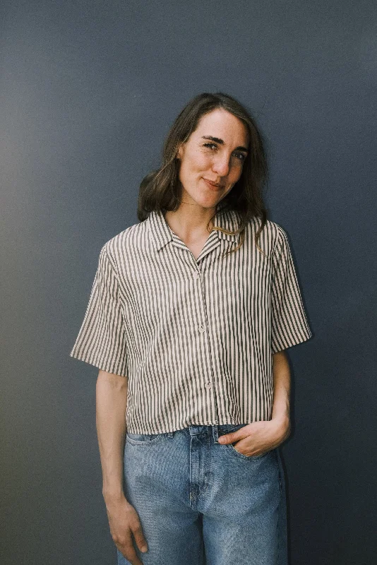 cropped tencel bowling shirt - olive stripe Comfortable Fitted Short Sleeve