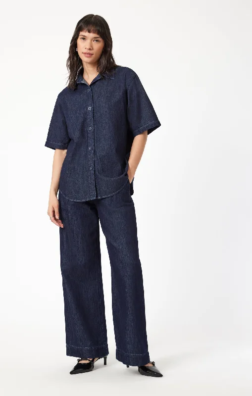 DEVA SHIRT IN RINSE DENIM Chic V-Neck Short Blouse