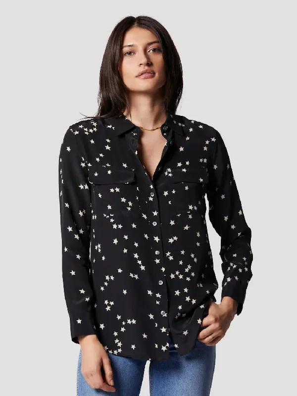 EQUIPMENT Slim Signature Silk Shirt - TRUE BLACK STAR PRINT Fashionable Sheer Short Shirt