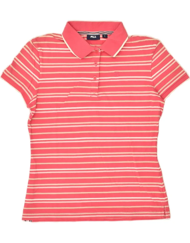 FILA Womens Polo Shirt UK 14 Large Pink Striped Cotton Relaxed Fit Short Tunic