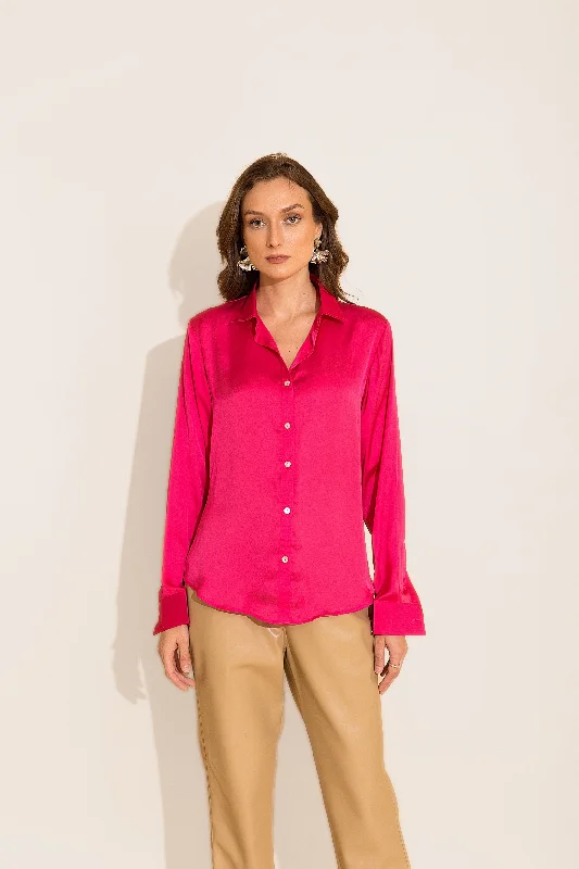Fuchsia Satin Shirt Stylish Casual Short Tee