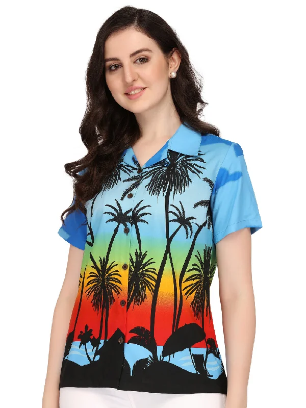 Hawaiian Shirt Women Coconut Tree Print Aloha Beach Top Blouse Casual Classic Basic Short Shirt