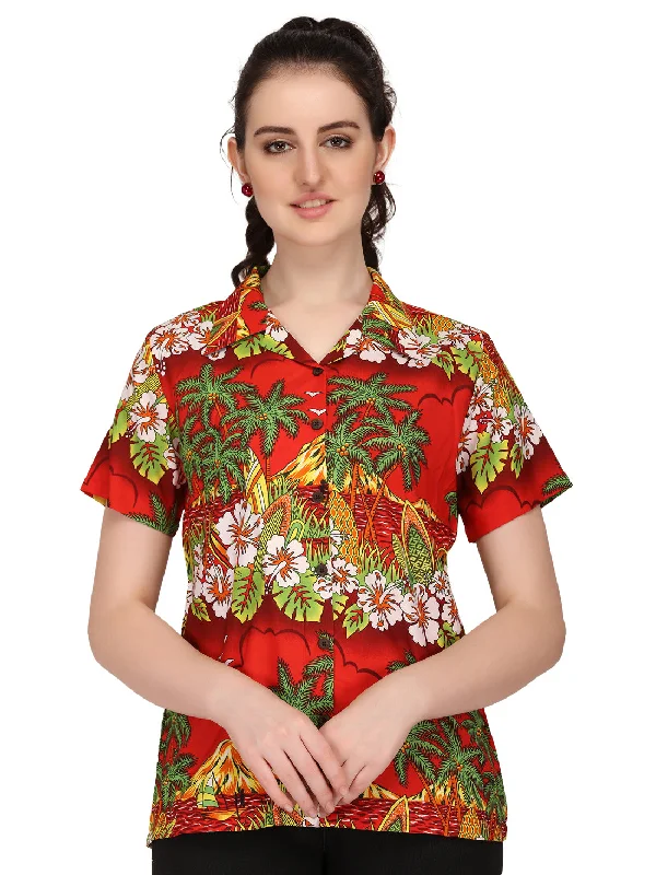 Hawaiian Shirts Womens Floral Scenic Beach Aloha Top Blouse Short Sleeve Trendy Floral Print Tee