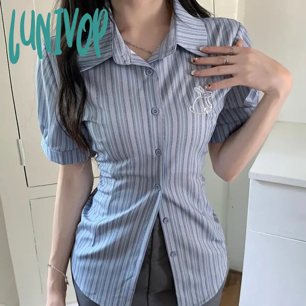 Lunivop Korean Slim Striped Shirt Women Casual Preppy Style Short Sleeve Blouse Summer All Match Embroidery Female Fashion Tops Soft Cotton Short Tee Lunivop Korean Slim Striped Shirt Women Casual Preppy Style Short Sleeve Blouse Summer All Match Embroidery Female Fashion Tops Soft Cotton Short Tee