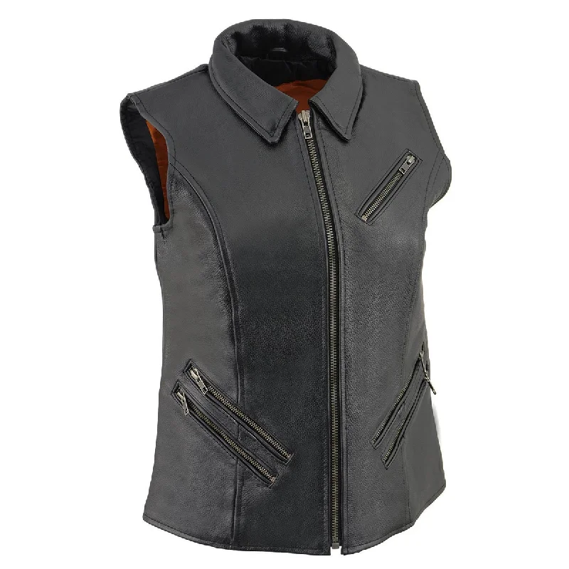 Milwaukee Leather MLL4520 Women’s Black Leather Shirt Style Collar Motorcycle Rider Vest with 4 Front Lower Pockets Elegant High-Low Short Shirt