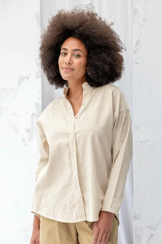 Nikau Shirt | Cream Stripe Chic Embellished Short Sleeve