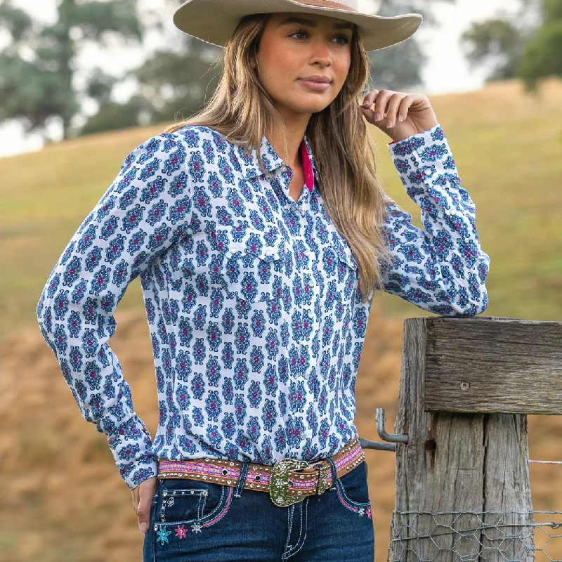 Pure Western Womens Mabel Print Long Sleeve Shirt Classic Denim Short Sleeve