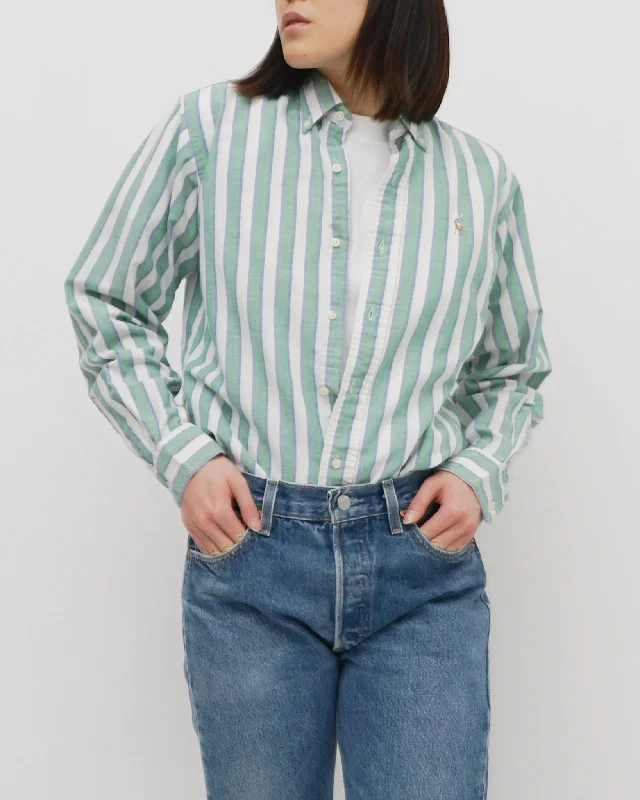 Oxford Shirts / Green Stripe Casual Ruffle Short Shirt