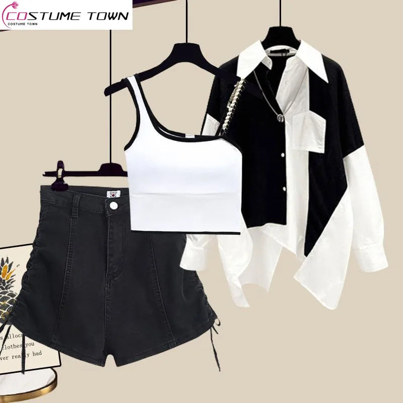 Korean Shirt Suspender Vest Denim Shorts Three-piece Set Comfortable Fit Short Shirt