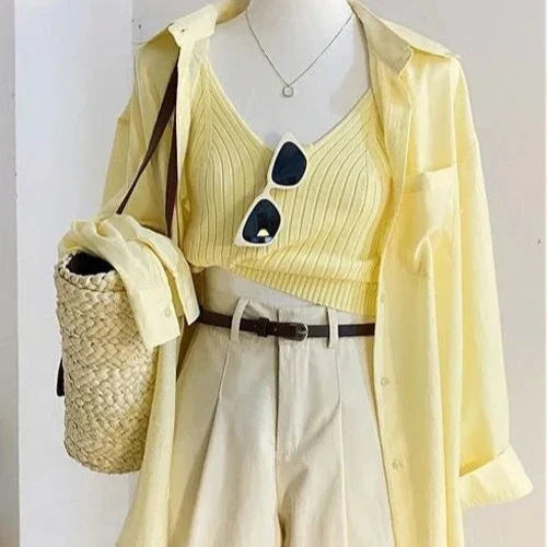 Women's Split Strap Sunscreen Shirt with Hanging Strap High Waist Shorts Set Relaxed Fit Short Blouse