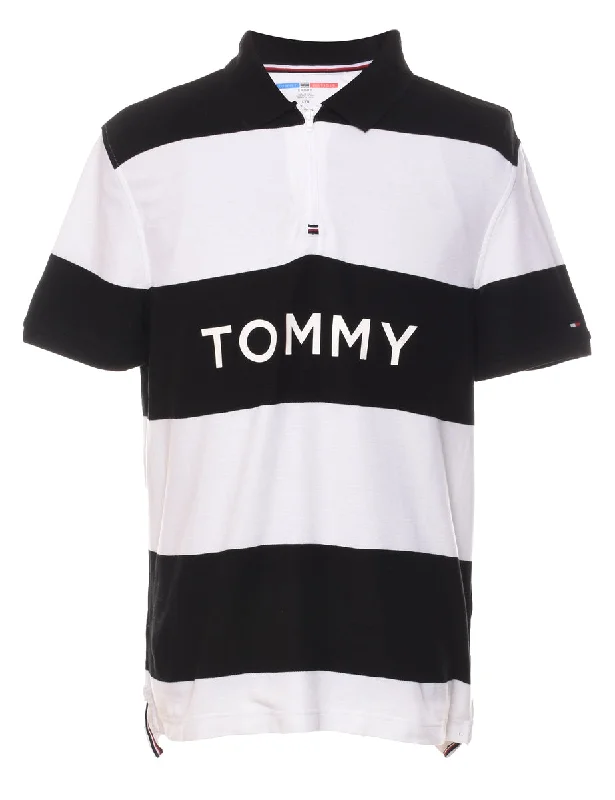 Tommy Hilfiger 1990s Black & White Polo Shirt - L Classic Solid Short Shirt