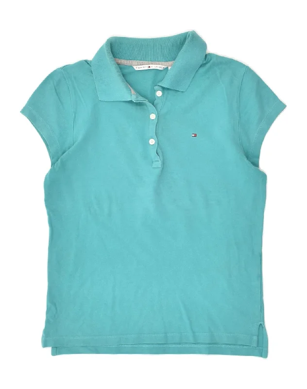 TOMMY HILFIGER Womens Polo Shirt UK 12 Medium Turquoise Cotton Casual Button-Down Short Shirt