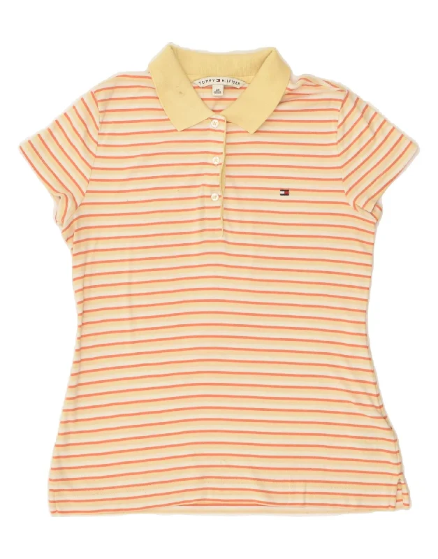 TOMMY HILFIGER Womens Polo Shirt UK 14 Large Beige Striped Cotton Comfortable Knit Short Shirt