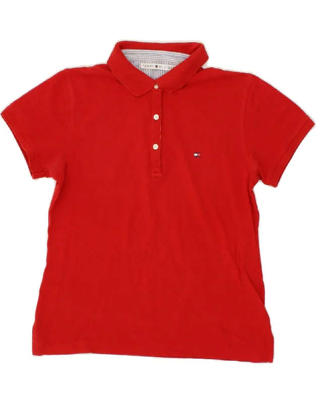 TOMMY HILFIGER Womens Polo Shirt UK 14 Medium Red Cotton Elegant Draped Short Shirt