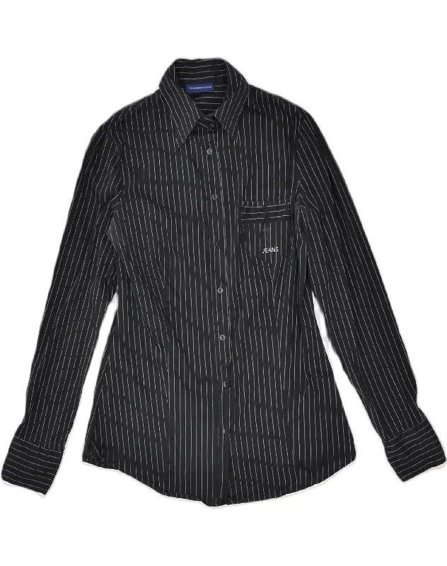 TRUSSARDI Womens Shirt UK 12 Medium Black Pinstripe Cotton Relaxed Cotton Short Blouse