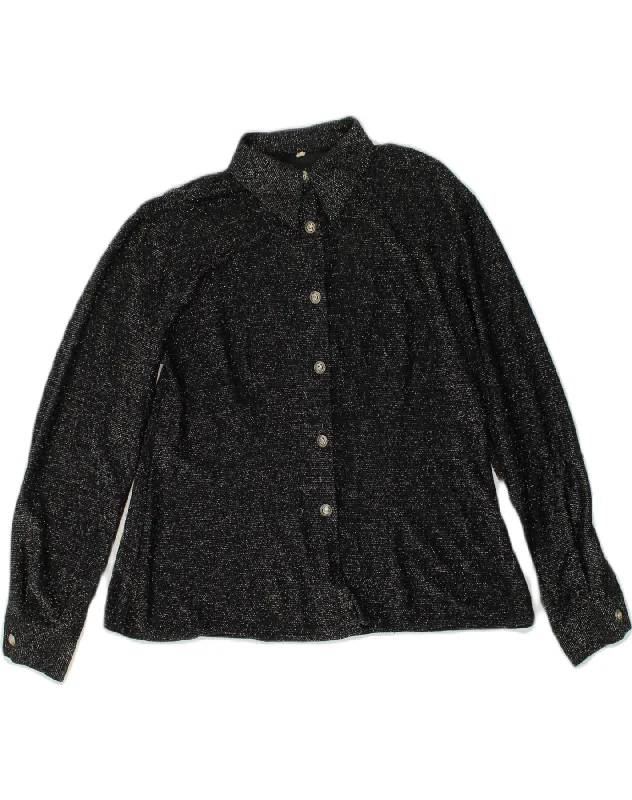 VINTAGE Womens Shirt UK 12 Medium Black Rayon Classic Solid Short Shirt