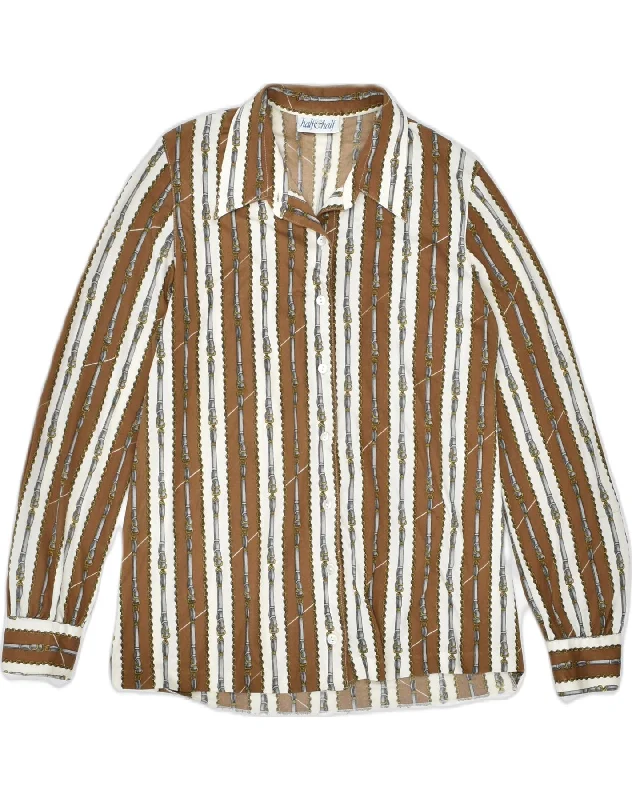 VINTAGE Womens Shirt UK 14 Medium Brown Striped Polyester Classic Solid Short Shirt