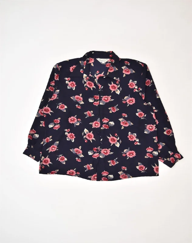 VINTAGE Womens Shirt UK 16 Large Navy Blue Floral Elegant Off-Shoulder Short Shirt