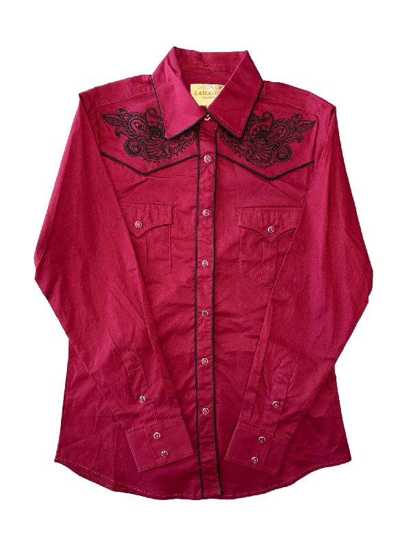 Women's Floral Embroided Button Down Shirt - Burgundy Cozy Linen Short Shirt