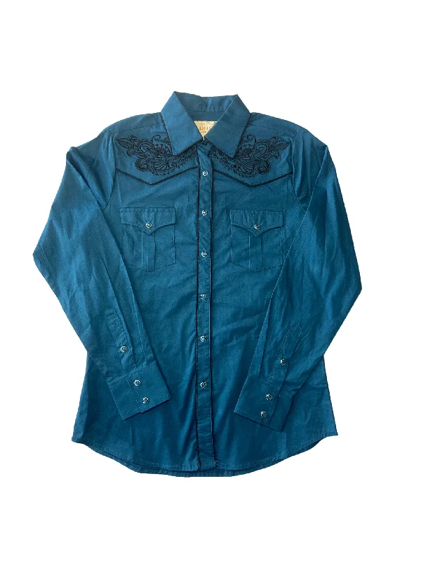 Women's Floral Embroided Button Down Shirt - Teal Classic Denim Short Sleeve