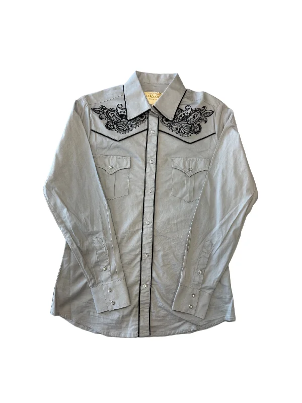 Women's Floral Embroided Button Down Shirt - Grey Comfortable Stretch Short Shirt