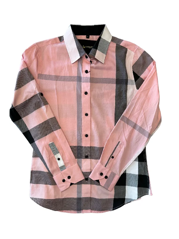 Women's Plaid Button Down Shirt - Pink Comfortable Loose Short Sleeve