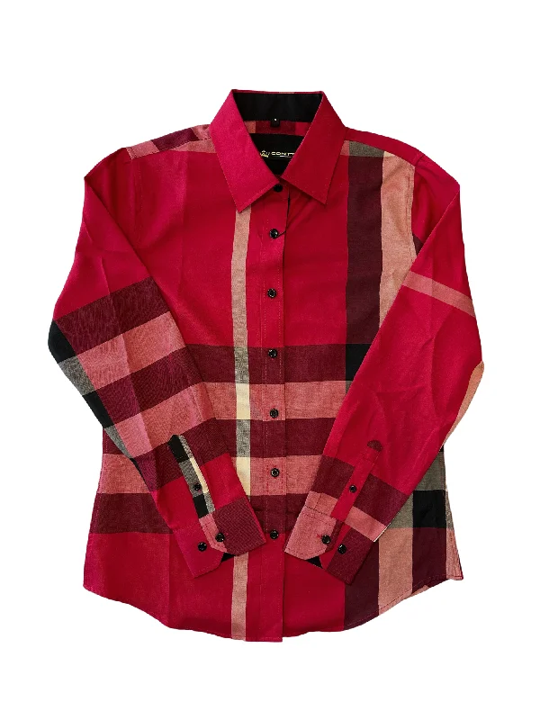 Women's Plaid Button Down Shirt - Red Elegant High-Low Short Shirt