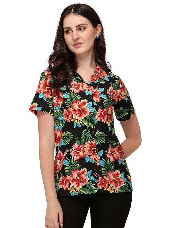 Women's Short Sleeve Casual Aloha Beach Button Down Hawaiian Shirt Classic Cropped Short Sleeve