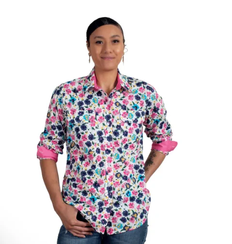 WWLS2417 Just Country Women's Abbey Workshirt White Pansies Cozy Loose Fit Short Sleeve WWLS2417 Just Country Women's Abbey Workshirt White Pansies Cozy Loose Fit Short Sleeve