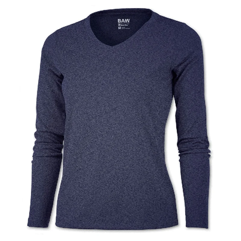 BAW Women's Heather Navy Xtreme Tek Long Sleeve Shirt Cozy Cotton Short Tee