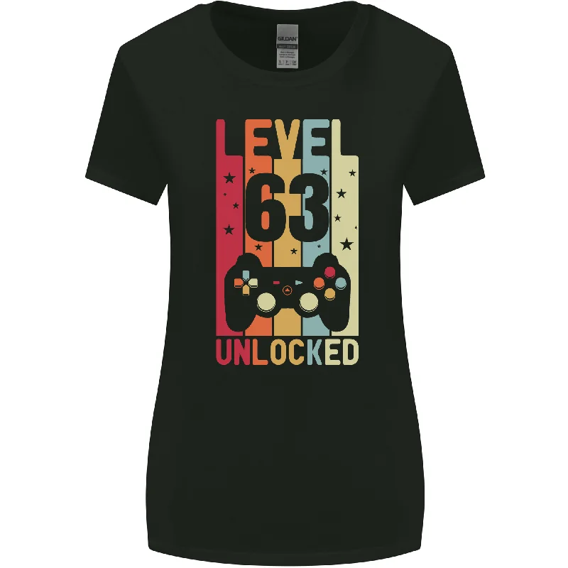 63rd Birthday 63 Year Old Level Up Gaming Womens Wider Cut T-Shirt Striped Floral Plaid