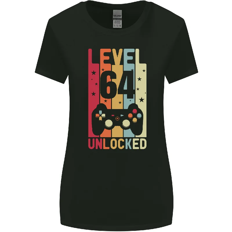 64th Birthday 64 Year Old Level Up Gaming Womens Wider Cut T-Shirt Welt Pockets Slit Pockets