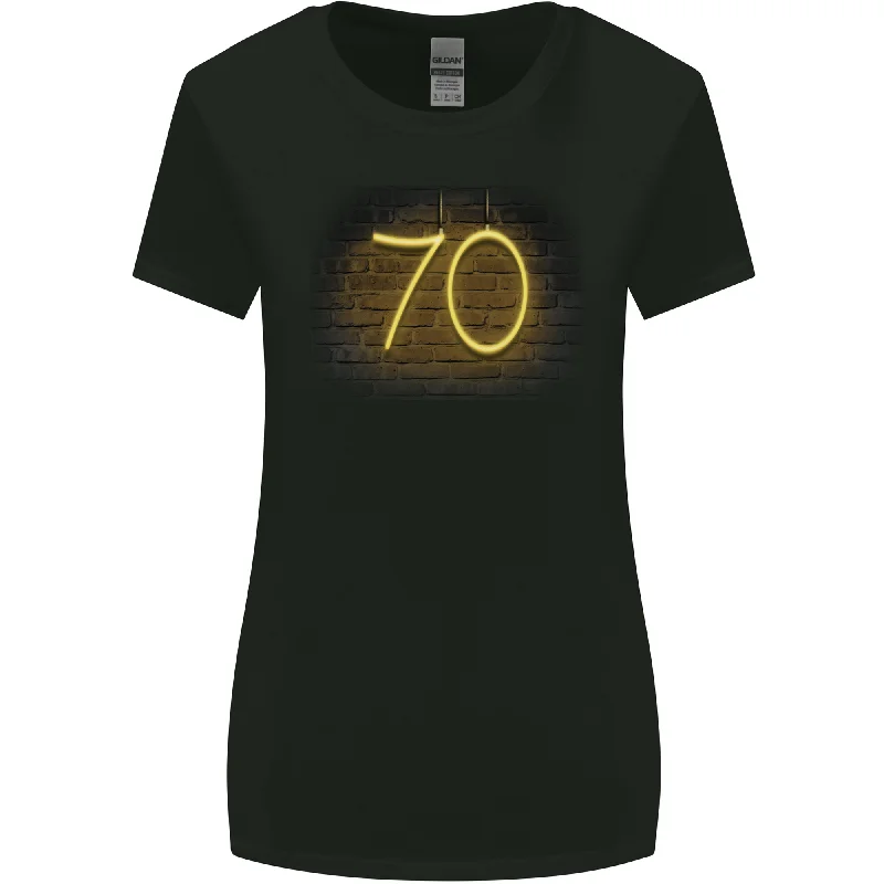 70th Birthday Neon Lights 70 Year Old Womens Wider Cut T-Shirt Nylon Fabric Polyester Fabric Spandex Fabric