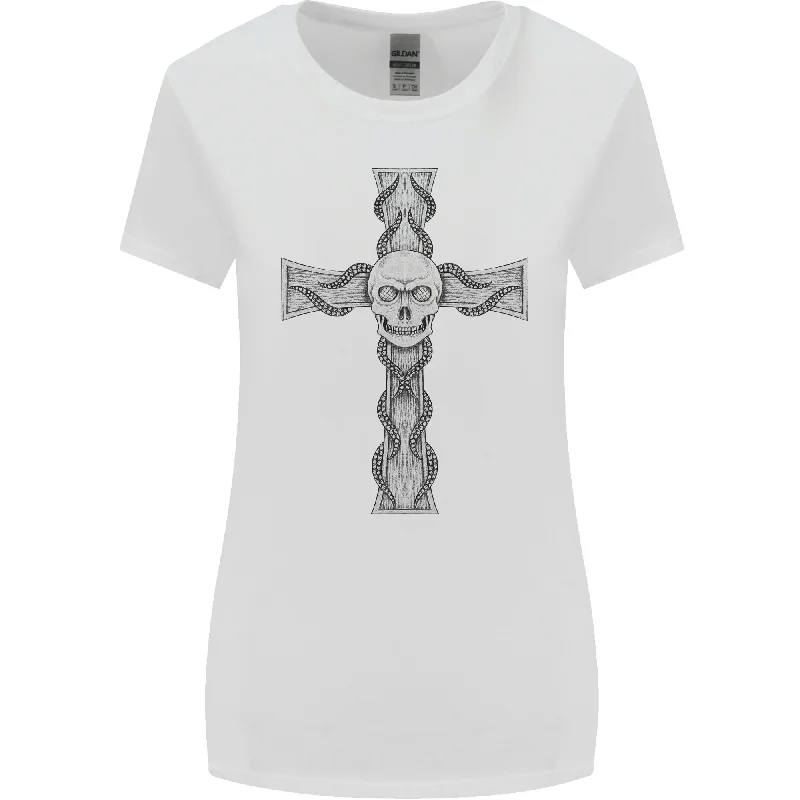 A Gothic Skull and Tentacles on a Cross Womens Wider Cut T-Shirt Iron Safe Non-Iron Wrinkle Free A Gothic Skull and Tentacles on a Cross Womens Wider Cut T-Shirt Iron Safe Non-Iron Wrinkle Free