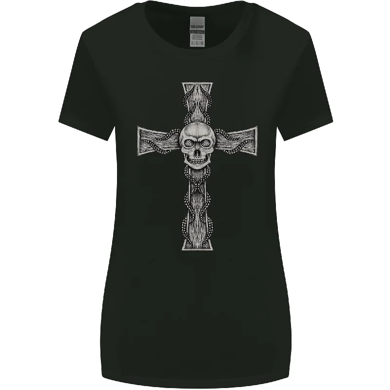 A Gothic Skull and Tentacles on a Cross Womens Wider Cut T-Shirt Thin T-Shirt Open Front Quick Dry A Gothic Skull and Tentacles on a Cross Womens Wider Cut T-Shirt Thin T-Shirt Open Front Quick Dry