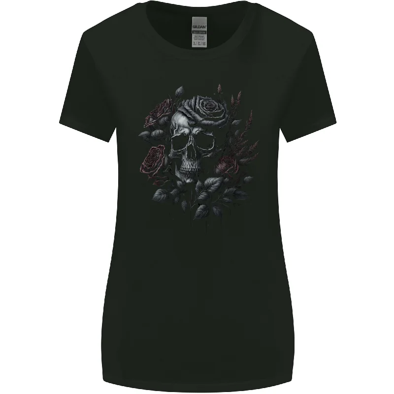 A Gothic Skull With Flowers Roses Womens Wider Cut T-Shirt Hooded Caped Shawl Collar A Gothic Skull With Flowers Roses Womens Wider Cut T-Shirt Hooded Caped Shawl Collar