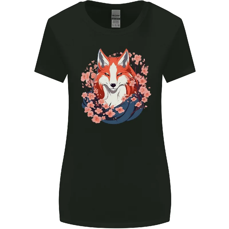 A Japanese Kitsune With Flowers Fox Womens Wider Cut T-Shirt Welt Pockets Slit Pockets Flap Pockets A Japanese Kitsune With Flowers Fox Womens Wider Cut T-Shirt Welt Pockets Slit Pockets Flap Pockets