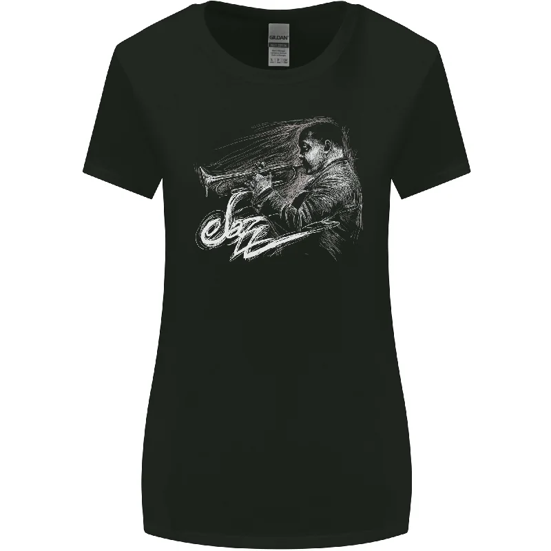 A Jazz Player Playing the Trumpet Womens Wider Cut T-Shirt Spandex Blend Rayon Blend Denim Blend A Jazz Player Playing the Trumpet Womens Wider Cut T-Shirt Spandex Blend Rayon Blend Denim Blend
