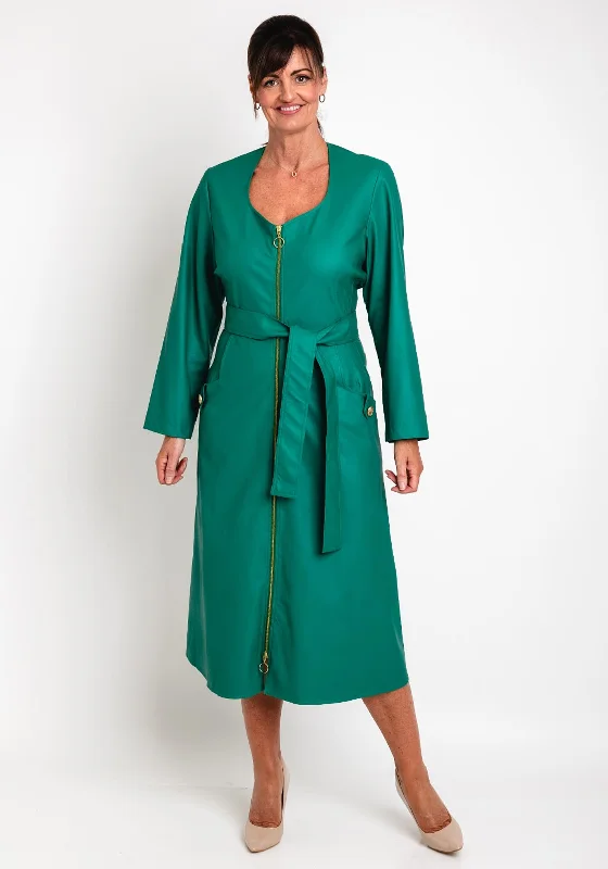 Camelot Faux Leather, Belted Waist Midi Dress, Green Elegant Pleated Sleeve Midi Dress