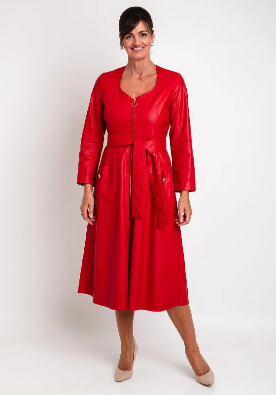 Camelot Faux Leather, Belted Waist Midi Dress, Red Fashionable Sheer Sleeve Midi Dress