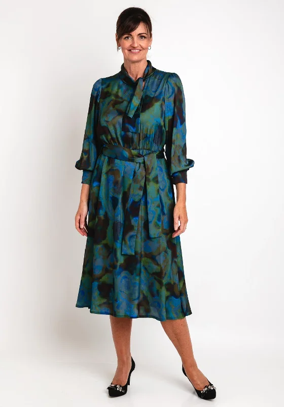 Camelot Scarf Neck Watercolour Inspired Satin Midi Dress, Green Comfortable Ruched Midi Dress