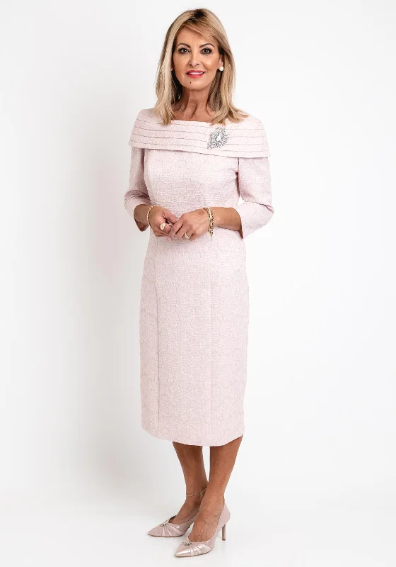 Cassandra Bardot Neckline Pencil Midi Dress, Soft Pink Stylish Long Sleeve Floral Midi Dress