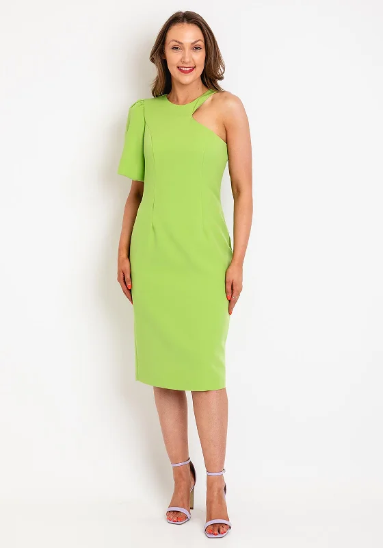 Castings One Sleeve Pencil Midi Dress, Lime Green Trendy Midi Dress with Belt