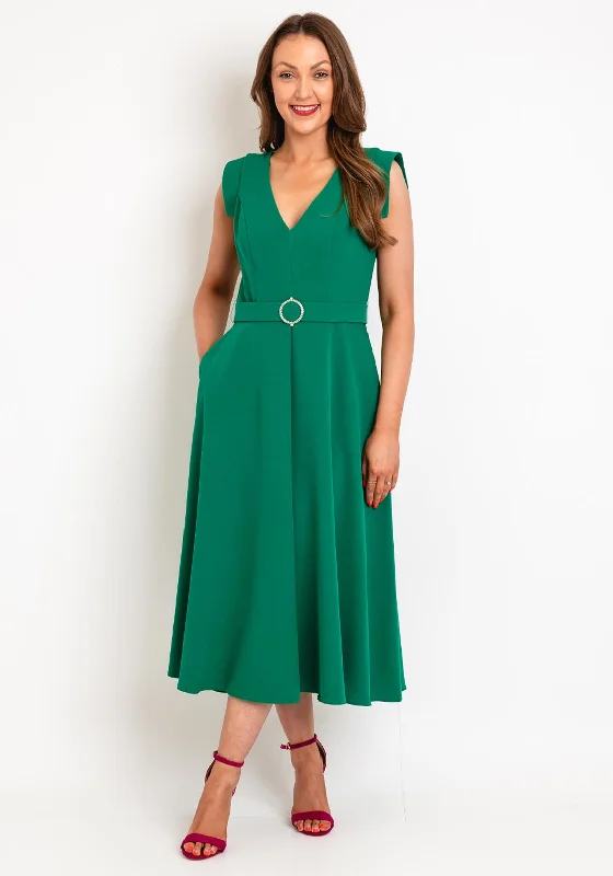 Castings Belted Waist, A-Line Midi Dress, Green Trendy Boho Midi Dress